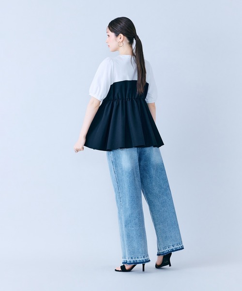 tシャツ タックリボン異素材カットソー レディースの画像