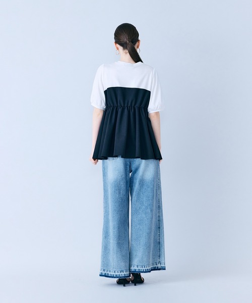 tシャツ タックリボン異素材カットソー レディースの画像