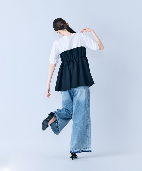 tシャツ タックリボン異素材カットソー レディースの画像