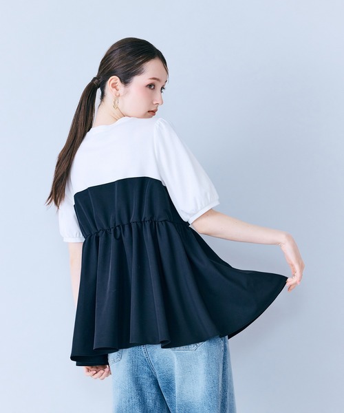 tシャツ タックリボン異素材カットソー レディースの画像