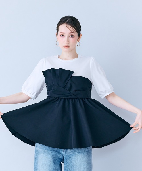 tシャツ タックリボン異素材カットソー レディースの画像