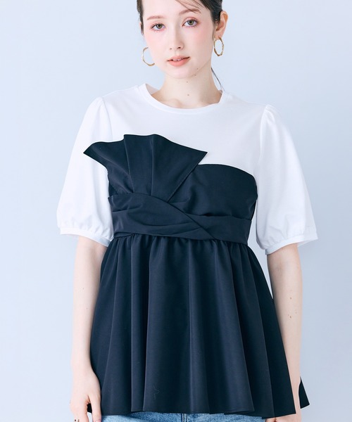 tシャツ タックリボン異素材カットソー レディースの画像