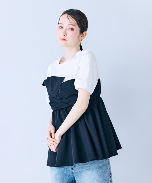 tシャツ タックリボン異素材カットソー レディースの画像
