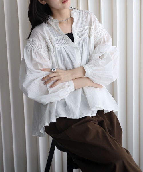 真綿引き伸ばし用ボウズ YENNA ブラウス シャツ インド綿エアリーボリュームスリーブタック