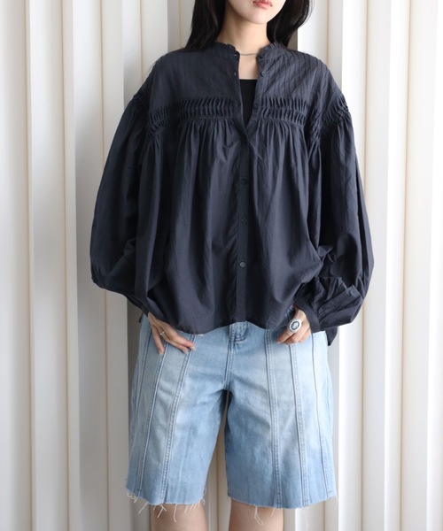 YENNA ブラウス シャツ インド綿エアリーボリュームスリーブタック