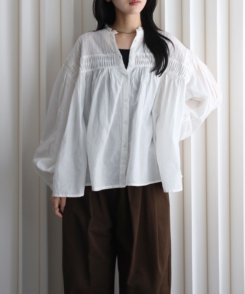YENNA ブラウス シャツ インド綿エアリーボリュームスリーブタック