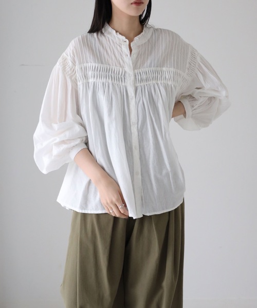 YENNA ブラウス シャツ インド綿エアリーボリュームスリーブタック
