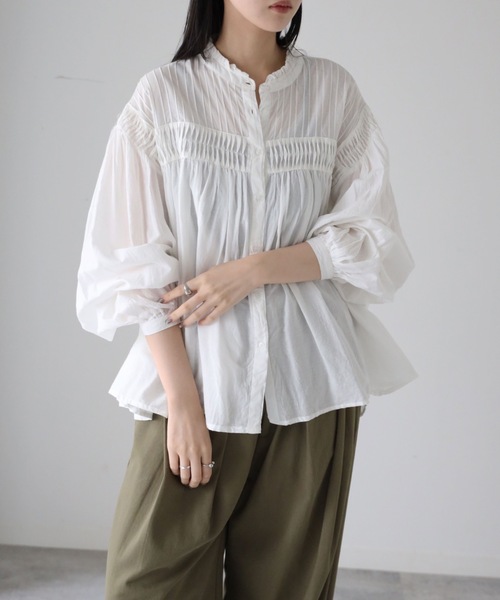 YENNA ブラウス シャツ インド綿エアリーボリュームスリーブタック