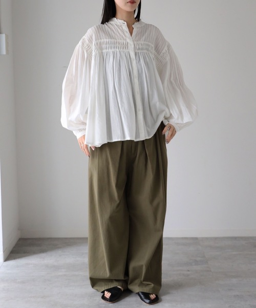 YENNA ブラウス シャツ インド綿エアリーボリュームスリーブタック