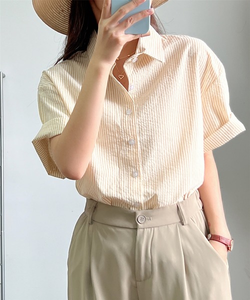 OURHOME ストライプシャツ　ブラウス セール】【羽織にも活躍】無地・ストライプオーバーシルエット