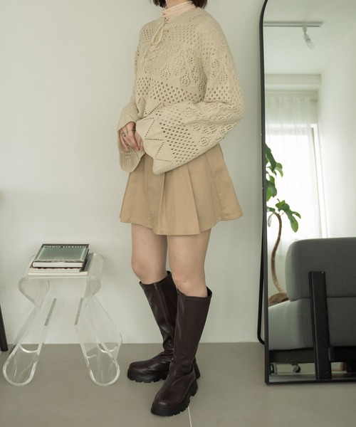 美品♡IENA CURRENTAGE レーシーポロ ◇透かし編みマルチボーダーニットプルオーバー（ニット