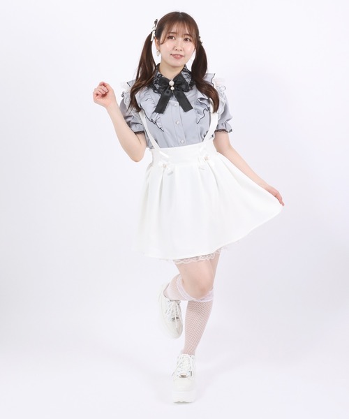 スカート 肩フリルレースサスペンダー ミニリボンフレアミニスカート
