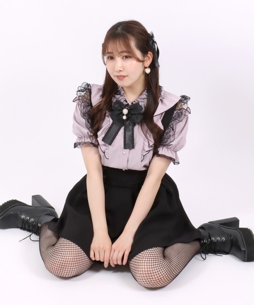 スカート 肩フリルレースサスペンダー ミニリボンフレアミニスカート