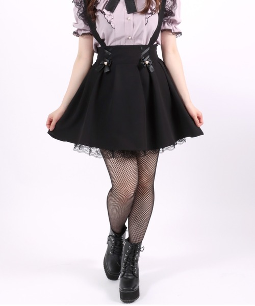 スカート 肩フリルレースサスペンダー ミニリボンフレアミニスカート