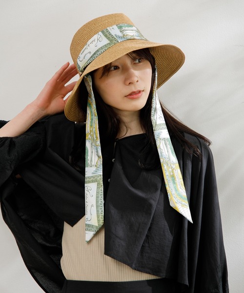 manipuri 帽子 manipuri｜プリントスカーフ つば付き ハット hat-beige-ms 帽子
