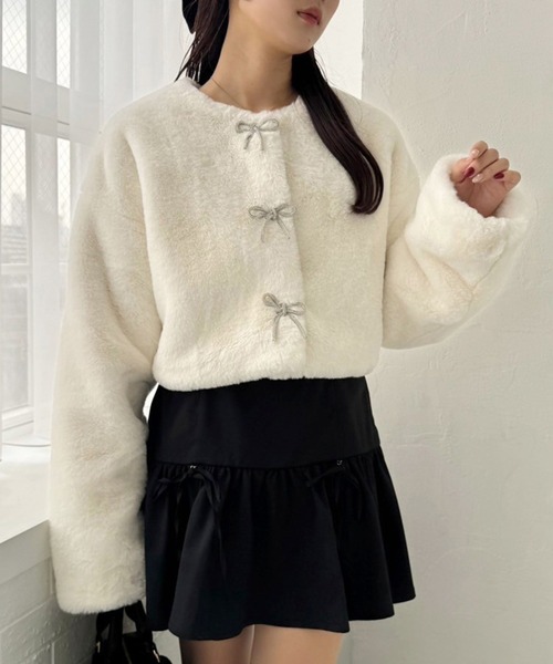 ナイスクラップ フェイクファー襟ブルゾン 白 ホワイト リボン バレエコア ナイスクラップ フェイクファー襟ブルゾン 白 ホワイト リボン