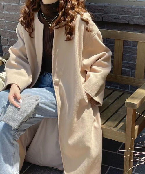 「emi+」 ノーカラーコート L ベージュ レディース_画像3