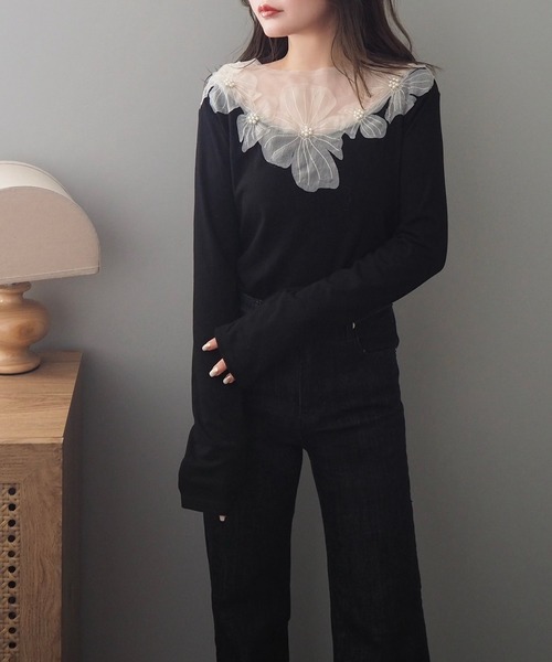 tシャツ sheer flower cut pullover /フラワーモチーフ シアー切り替え
