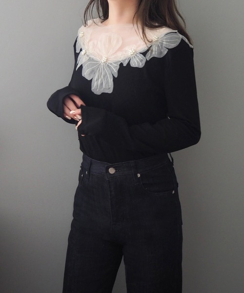 tシャツ sheer flower cut pullover /フラワーモチーフ シアー切り替え