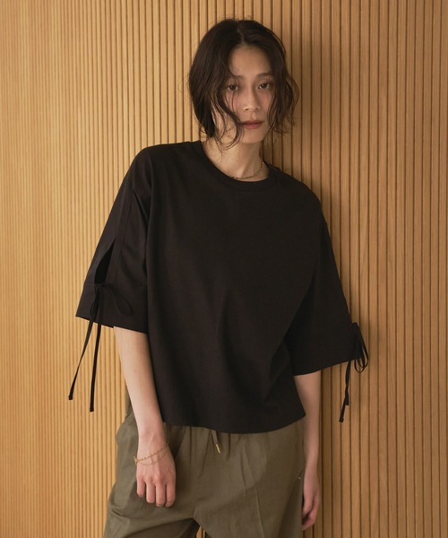 tシャツ 袖リボン付き2way切替トップス-手洗い可- レディース