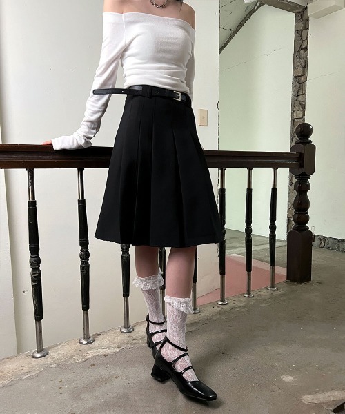 4INT. スカート 「ベルト付き」 クラシック Aライン プリーツ ミディ
