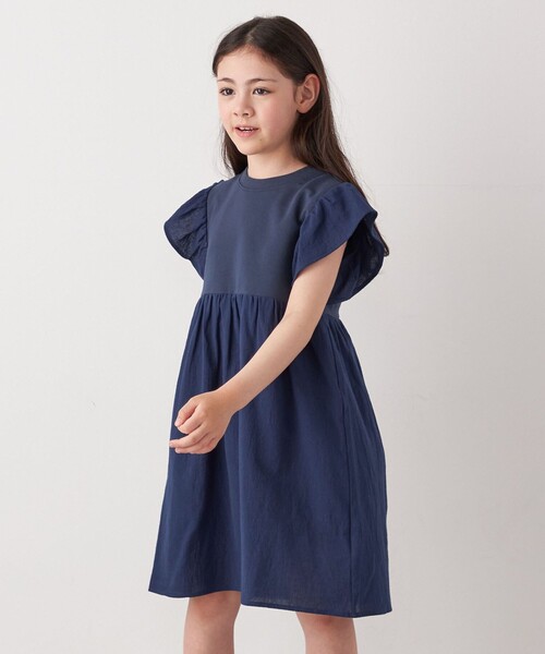 MARNI キッズ フリル付きワンピース ネイビー/グレー SHIPS any ワンピース any: 「洗濯機可能」フリル ギャザー 切り替え