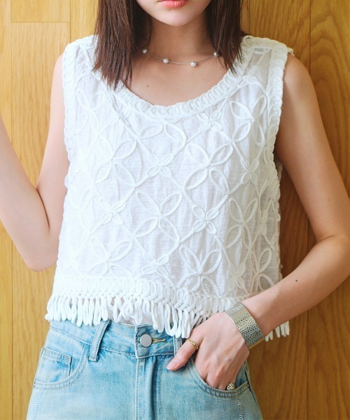 tシャツ クロシェ風 コード刺繍フリンジレーストップス