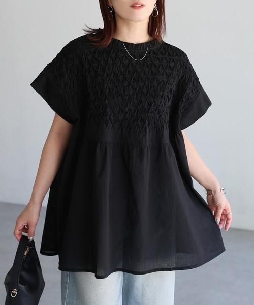ブラウス シャツ インド綿スモッキング刺繍フレアブラウス レディース