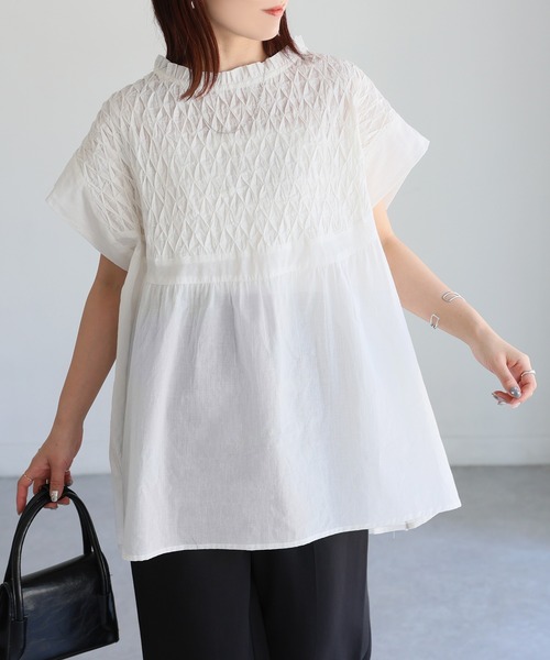 ブラウス シャツ スモッキングブラウス レディース TONAL ブラウス シャツ スモッキングシアーブラウス レディース