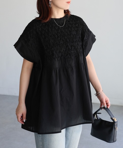 Riberry ブラウス シャツ インド綿スモッキング刺繍フレア