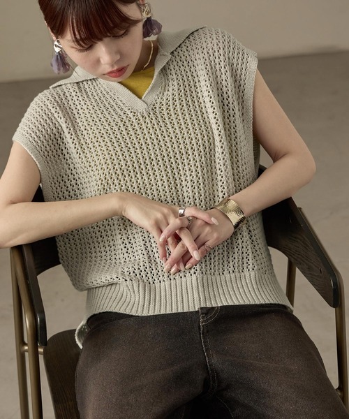 Fashion Letter ベスト ジレ 7G透かし編み 襟付きサマーニット