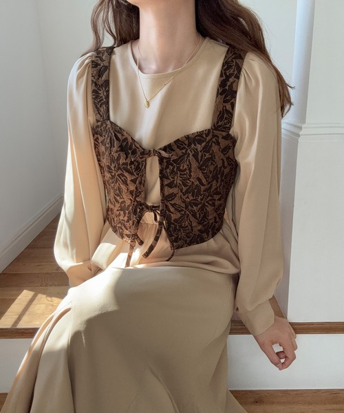 LAUIR（ラウアー） ワンピース パフスリーブワンピース+ジャガード