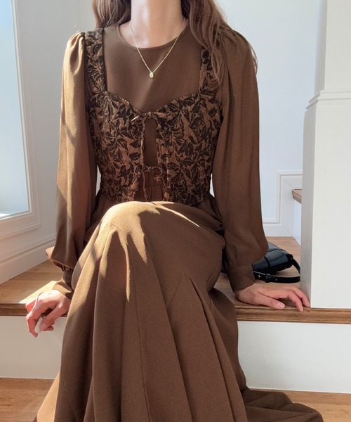 LAUIR（ラウアー） ワンピース パフスリーブワンピース+ジャガード
