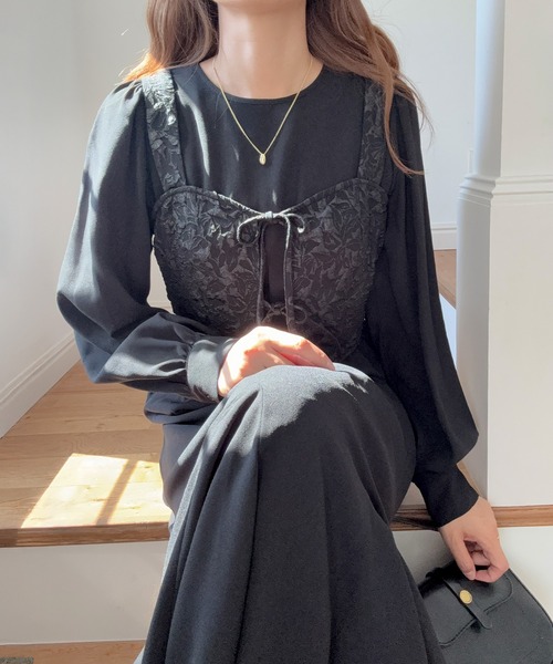 LAUIR（ラウアー） ワンピース パフスリーブワンピース+ジャガード