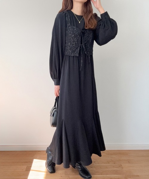 LAUIR（ラウアー） ワンピース パフスリーブワンピース+ジャガード