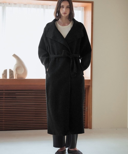 日本製 エブールꕤウール混 ロング ガウンコート ボタンレス グレー 厚手 36 日本製 エブールꕤウール混 ロング ガウンコート ボタンレス グレー