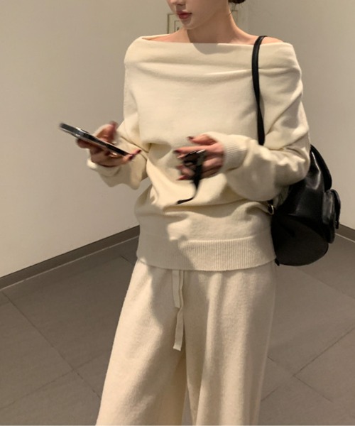 トレーナー スウェット オフショルダープルオーバー＋パンツセットアップ レディース