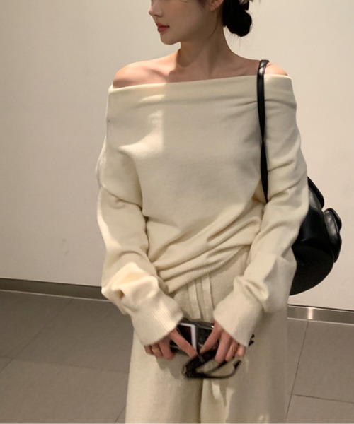 トレーナー スウェット オフショルダープルオーバー＋パンツセットアップ レディース