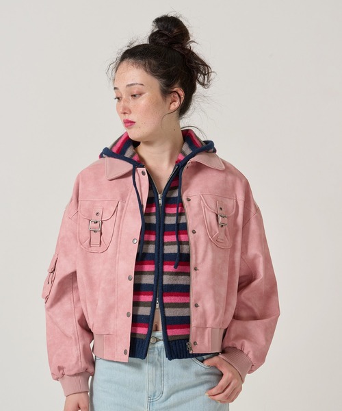 TINA：JOJUN ブルゾン アウター リブ ドッキング フェイクレザー