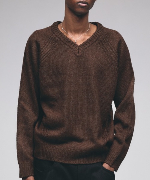 nachan　amiクロッシェＶネックセーター Adoon plain セーター ニット Panel Stitch V-Neck Knit / ラグランV