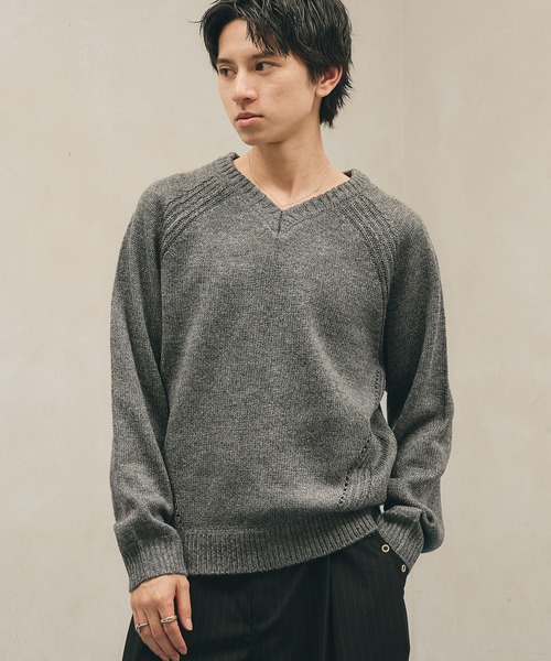 Adoon plain セーター ニット Panel Stitch V-Neck Knit / ラグランV