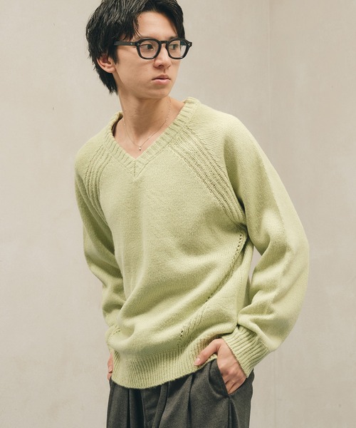 Adoon plain セーター ニット Panel Stitch V-Neck Knit / ラグランV