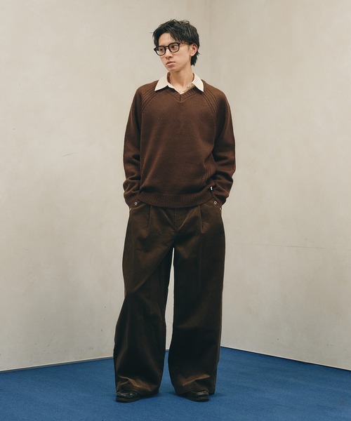 Adoon plain セーター ニット Panel Stitch V-Neck Knit / ラグランV