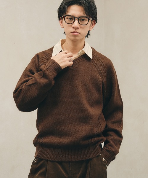 Adoon plain セーター ニット Panel Stitch V-Neck Knit / ラグランV