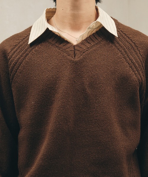 Adoon plain セーター ニット Panel Stitch V-Neck Knit / ラグランV