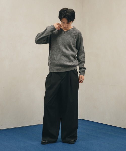Adoon plain セーター ニット Panel Stitch V-Neck Knit / ラグランV