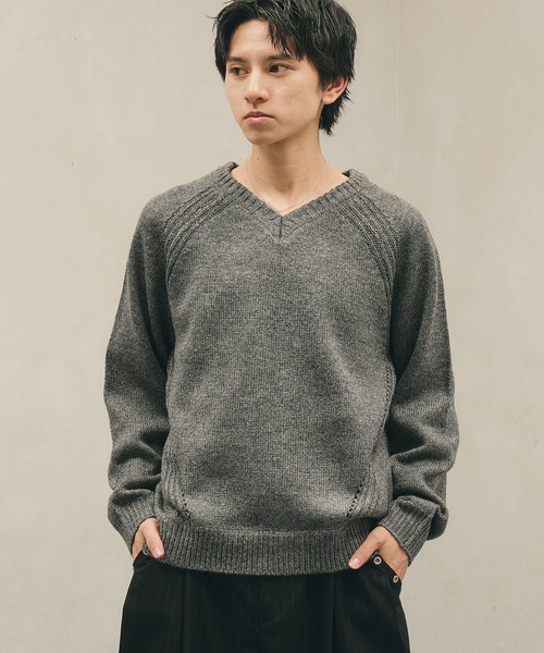 Adoon plain セーター ニット Panel Stitch V-Neck Knit / ラグランV