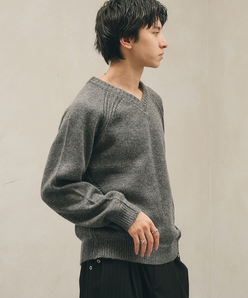 Adoon plain セーター ニット Panel Stitch V-Neck Knit / ラグランV