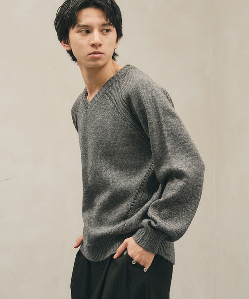 Adoon plain セーター ニット Panel Stitch V-Neck Knit / ラグランV