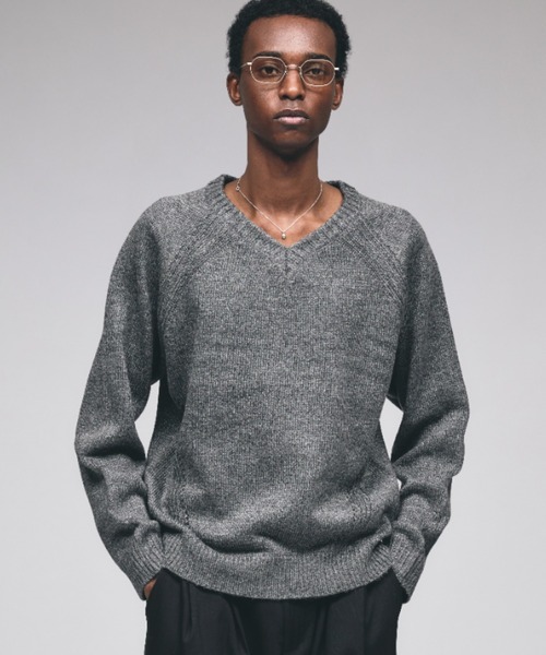 Adoon plain セーター ニット Panel Stitch V-Neck Knit / ラグランV